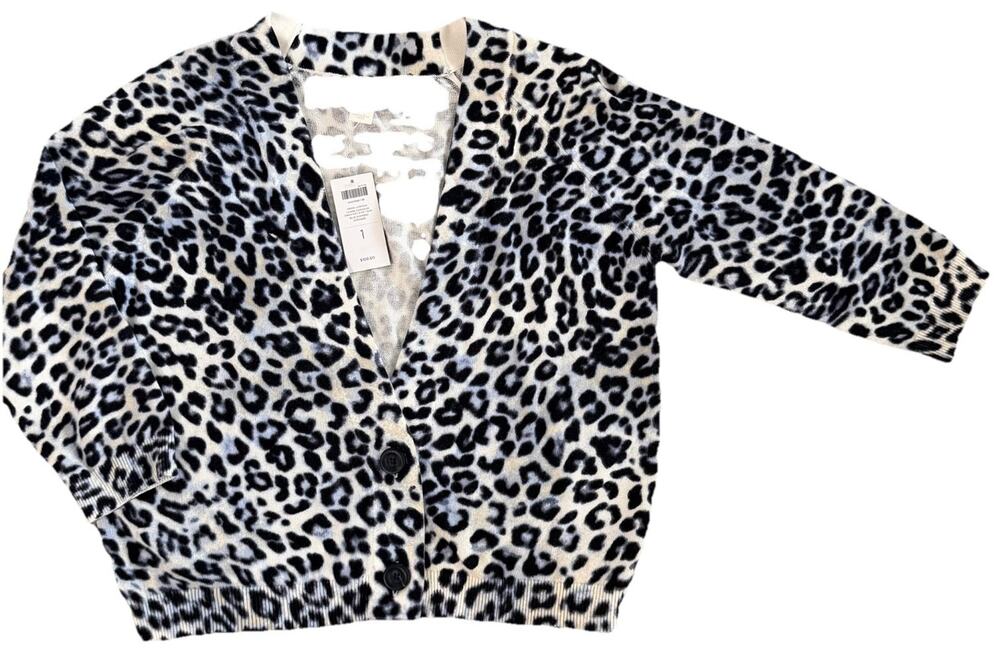 New Chico's Snow Leopard Carrie Cardigan Sweater Blue Diamond Sz 1 $109 NWT M